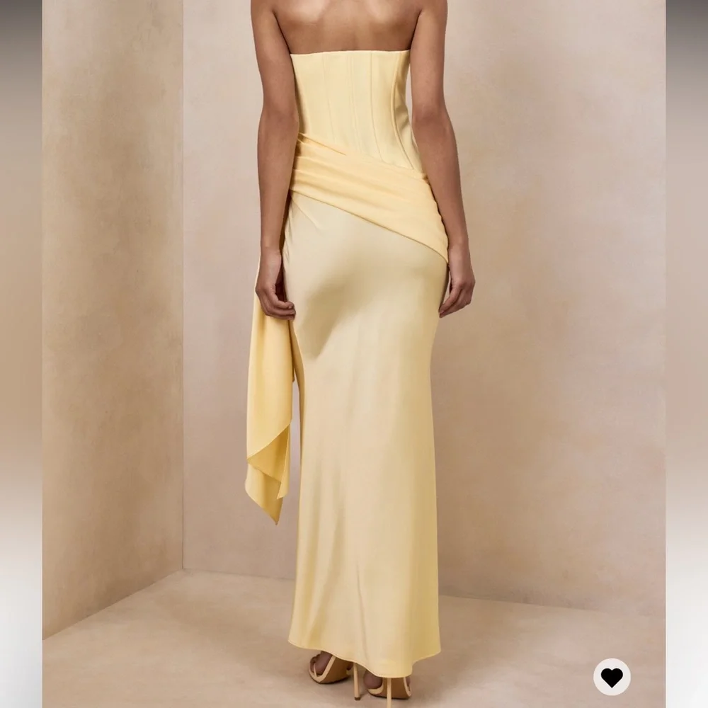 Oakley | Lemon Satin Bandeau Maxi Dress with Draped Skirt | Club L London - Picture 6 of 6
